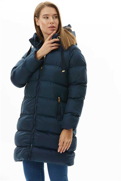 Kendinden Kapüşonlu Grogrenli Uzun Mont  /  LACİVERT