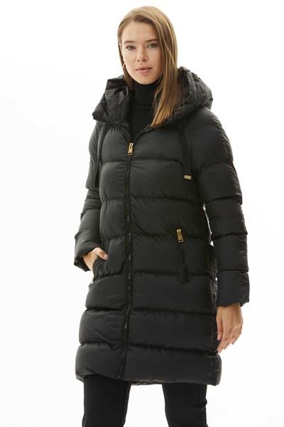 Kendinden Kapüşonlu Grogrenli Uzun Mont  /  SİYAH