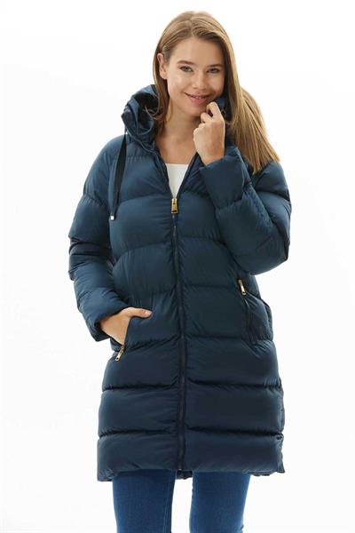 Kendinden Kapüşonlu Grogrenli Uzun Mont  /  LACİVERT