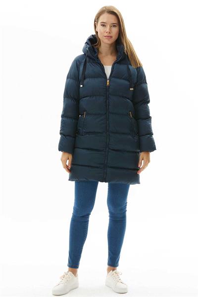 Kendinden Kapüşonlu Grogrenli Uzun Mont  /  LACİVERT