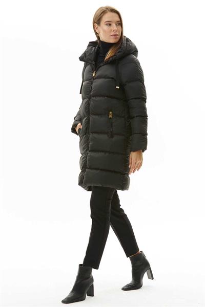 Kendinden Kapüşonlu Grogrenli Uzun Mont  /  SİYAH