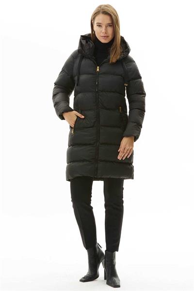 Kendinden Kapüşonlu Grogrenli Uzun Mont  /  SİYAH