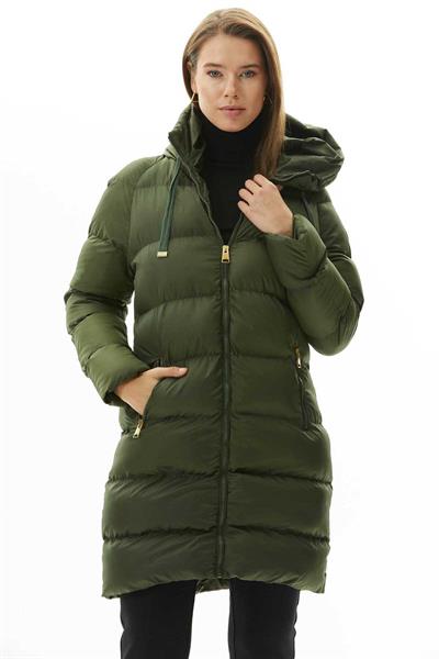 Kendinden Kapüşonlu Grogrenli Uzun Mont  /  HAKİ