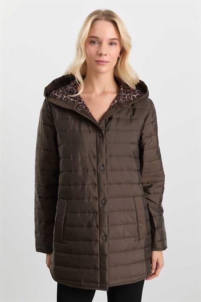 Kendinden Kapüşonlu İçi Leopar Kapitone Mont  /  KAHVE