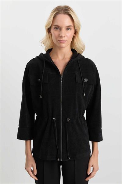 Kendinden Kapüşonlu Kapak Cep Kadife Ceket  /  SİYAH