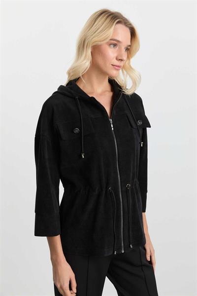 Kendinden Kapüşonlu Kapak Cep Kadife Ceket  /  SİYAH