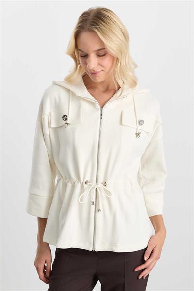 Kendinden Kapüşonlu Kapak Cep Kadife Ceket  /  EKRU