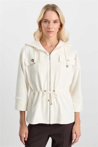 Kendinden Kapüşonlu Kapak Cep Kadife Ceket  /  EKRU