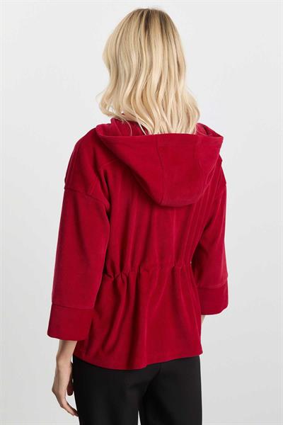 Kendinden Kapüşonlu Kapak Cep Kadife Ceket  /  KIRMIZI