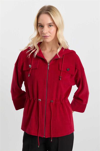 Kendinden Kapüşonlu Kapak Cep Kadife Ceket  /  KIRMIZI