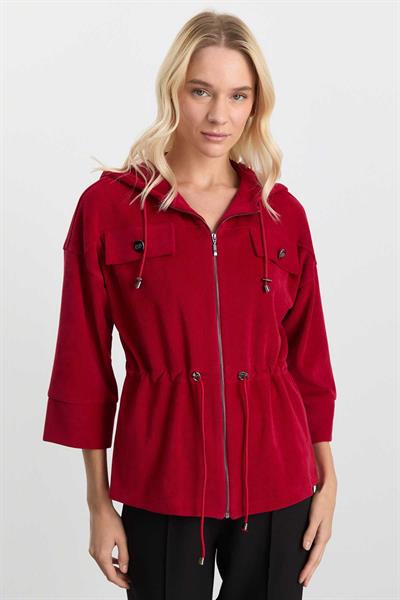 Kendinden Kapüşonlu Kapak Cep Kadife Ceket  /  KIRMIZI