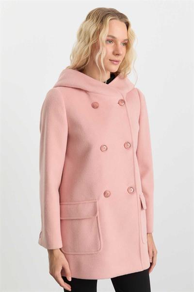 Kendinden Kapüşonlu Kruvaze Dıştan Cep Kaban  /  PUDRA