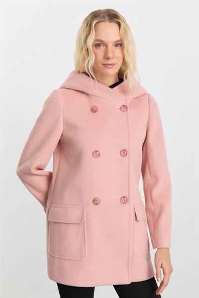 Kendinden Kapüşonlu Kruvaze Dıştan Cep Kaban  /  PUDRA
