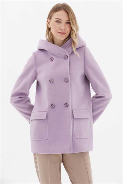 Kendinden Kapüşonlu Kruvaze Dıştan Cep Kaban  /  LİLA