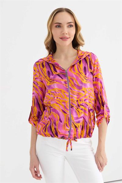 Kendinden Kapüşonlu Önü Fermuarlı Emprime Bluz  /  ORANJ