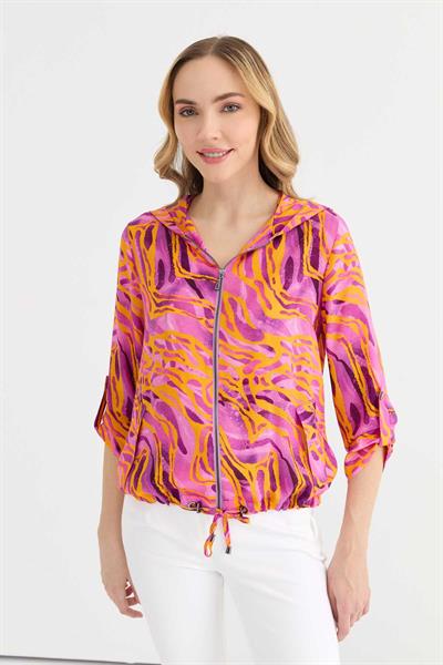 Kendinden Kapüşonlu Önü Fermuarlı Emprime Bluz  /  ORANJ