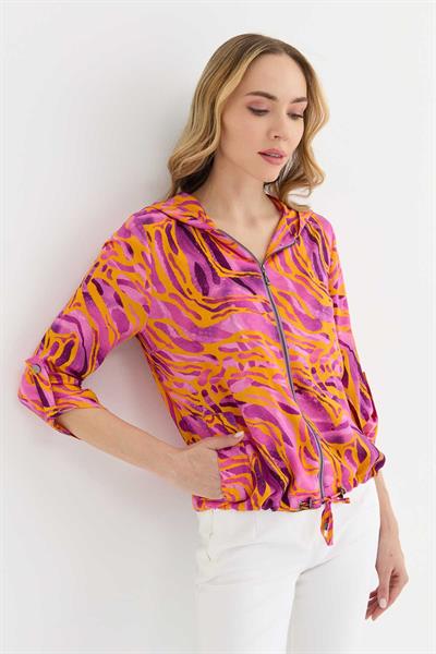 Kendinden Kapüşonlu Önü Fermuarlı Emprime Bluz  /  ORANJ