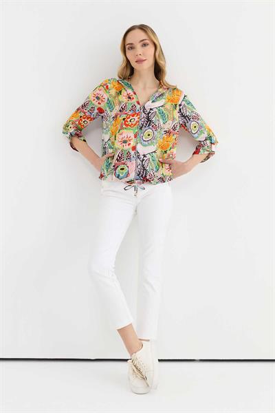 Kendinden Kapüşonlu Önü Fermuarlı Emprime Bluz  /  PUDRA