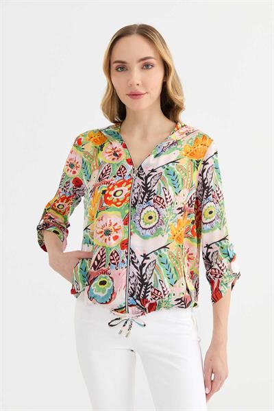 Kendinden Kapüşonlu Önü Fermuarlı Emprime Bluz  /  PUDRA