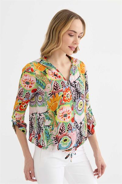 Kendinden Kapüşonlu Önü Fermuarlı Emprime Bluz  /  PUDRA