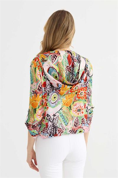 Kendinden Kapüşonlu Önü Fermuarlı Emprime Bluz  /  PUDRA