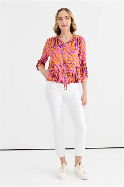 Kendinden Kapüşonlu Önü Fermuarlı Emprime Bluz  /  ORANJ