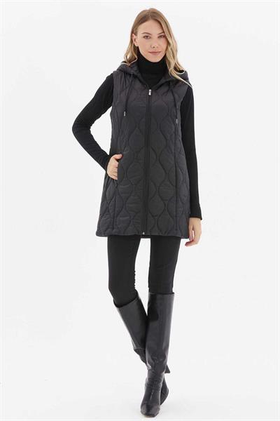 Kendinden Kapüşonlu Uzun Kapitone Yelek  /  SİYAH