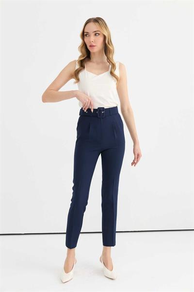 Kendinden Kemerli Yandan Cep Dar Paça Pantolon  /  LACİVERT