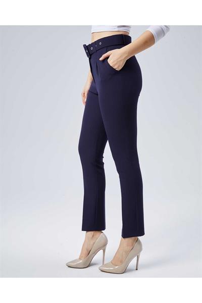 Kendinden Kemerli Yandan Cep Dar Paça Pantolon  /  LACİVERT