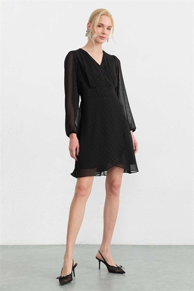 Kendinden Simli Desen Anvelop Kapama Elbise  /  SİYAH