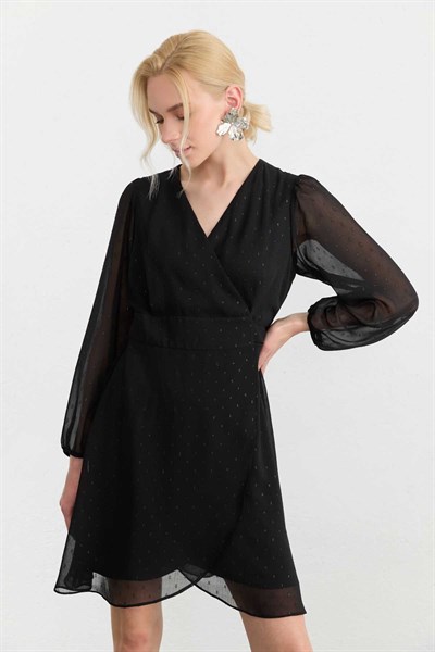 Kendinden Simli Desen Anvelop Kapama Elbise  /  SİYAH