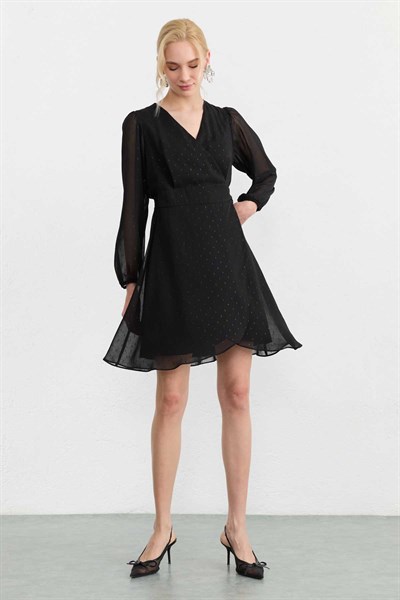 Kendinden Simli Desen Anvelop Kapama Elbise  /  SİYAH