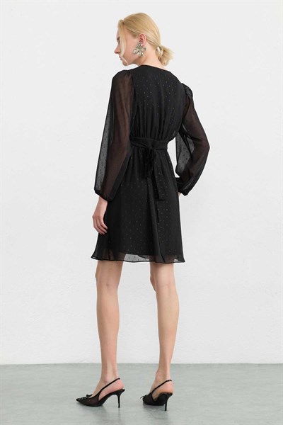 Kendinden Simli Desen Anvelop Kapama Elbise  /  SİYAH