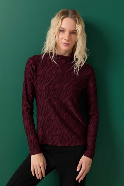 Kendinden Zebra Desen Yarım Balıkçı Yaka Bluz  /  BORDO