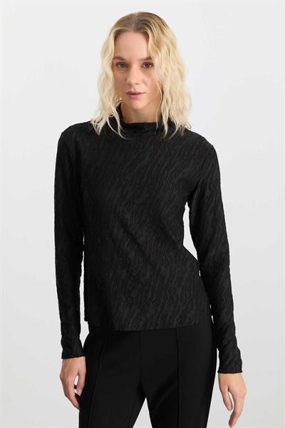 Kendinden Zebra Desen Yarım Balıkçı Yaka Bluz  /  SİYAH