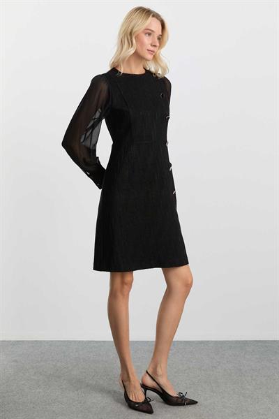 Kolları Şifon Önü Düğmeli Kendinden Desen Elbise  /  SİYAH