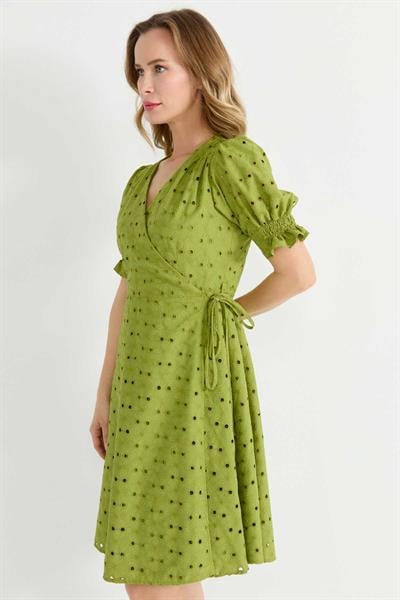 Kolu Lastikli Anvelop Brode Elbise  /  YEŞİL