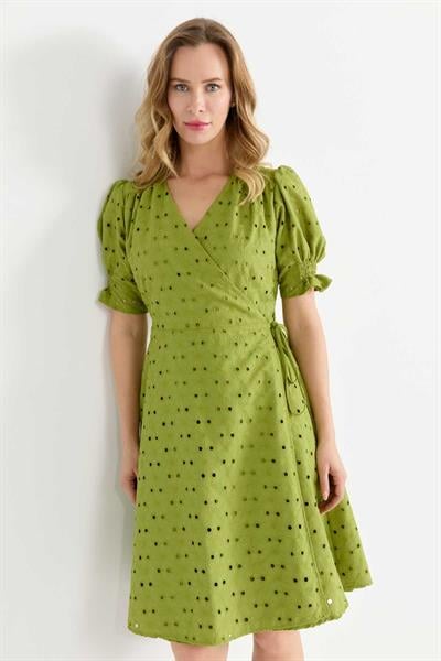 Kolu Lastikli Anvelop Brode Elbise  /  YEŞİL