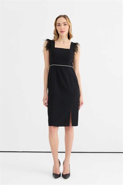 Kolu Otrişli Belden Taşlı Elbise  /  SİYAH