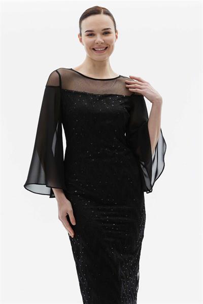 Kolu Şifon Dökümlü Üstü Tül Payetli Elbise  /  SİYAH