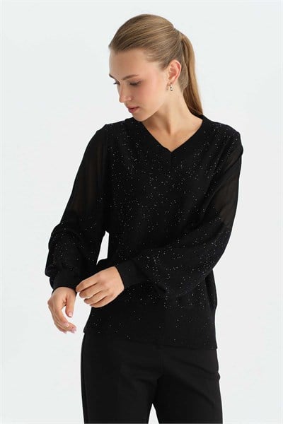 Kolu Tül Kombinli Pullu Triko Bluz  /  SİYAH