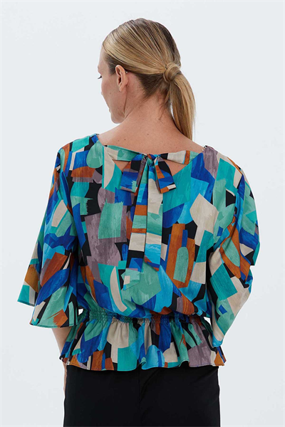 Kolu Volanlı Beli Lastikli Emprime Bluz  /  TURKUAZ