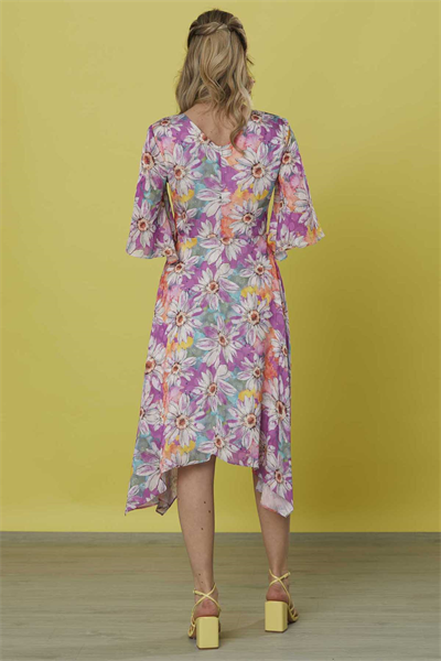 Kolu Volanlı V Yaka Emprime Elbise  /  MOR