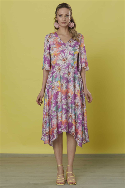 Kolu Volanlı V Yaka Emprime Elbise  /  MOR