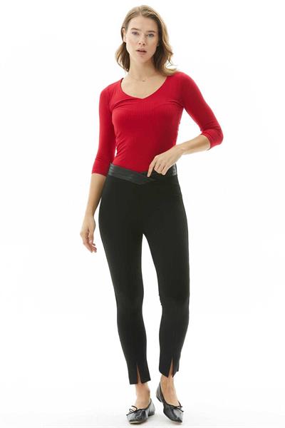 Korsajı Deri Plili Dar Paça Pantolon  /  SİYAH