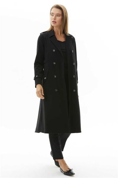 Kruvaze Arkası Pilili Belden Kemerli Uzun Trençkot  /  SİYAH