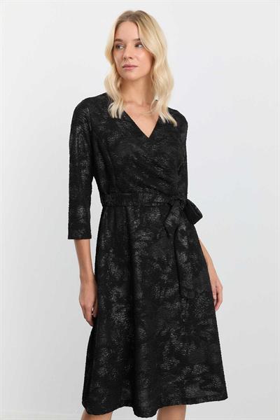 Kruvaze Belden Kemerli Jakarlı Simli Elbise  /  SİYAH