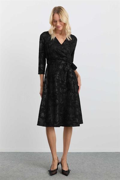 Kruvaze Belden Kemerli Jakarlı Simli Elbise  /  SİYAH