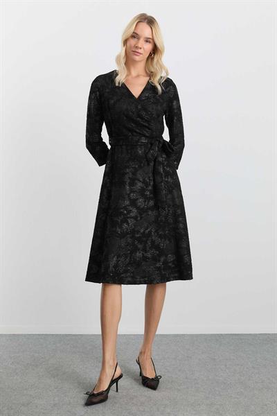 Kruvaze Belden Kemerli Jakarlı Simli Elbise  /  SİYAH