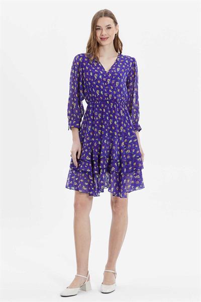 Kruvaze Eteği Üç Kat Volan Çıtır Çiçek Desen Elbise  /  MAVİ